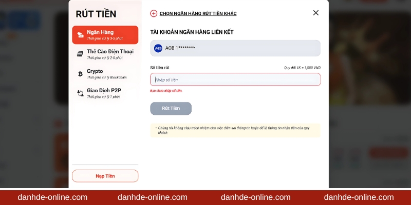 Cách Rút Tiền Lô Đề Online 2 Điền thông tin rút tiền lô đề