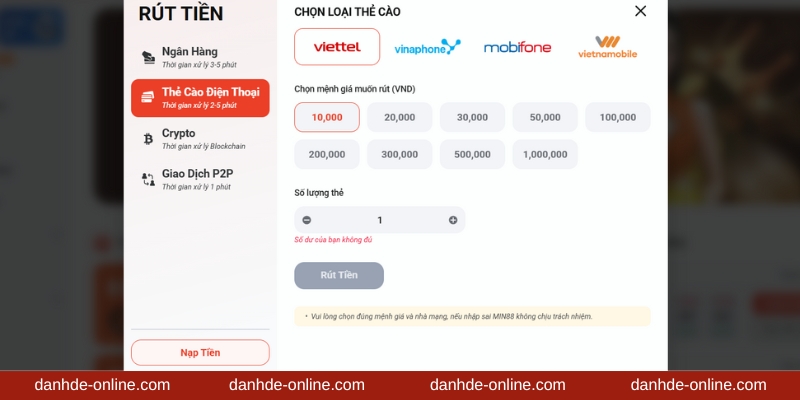 Cách Rút Tiền Lô Đề Online 3 Chọn nhà mạng và số tiền muốn rút