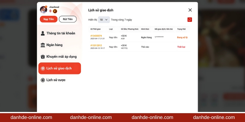Hướng Dẫn Nạp Tiền Lô Đề 4 Lịch sử giao dịch nạp tiền