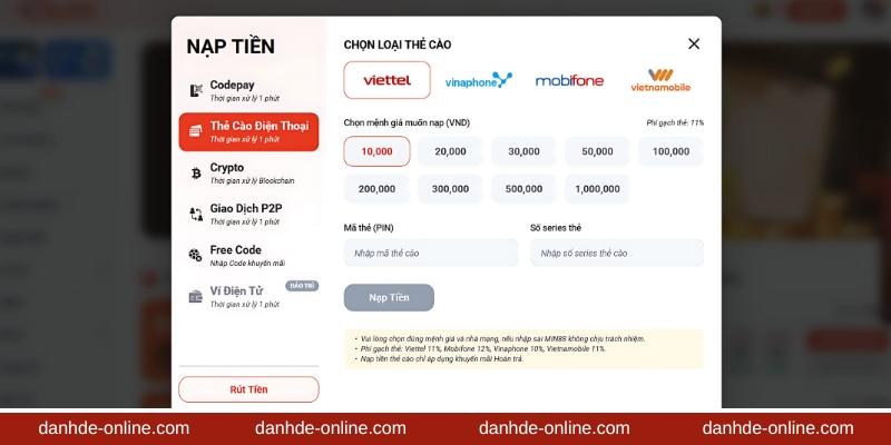Hướng Dẫn Nạp Tiền Lô Đề 5 Chọn hình thức nạp tiền lô đề bằng thẻ cào điện thoại