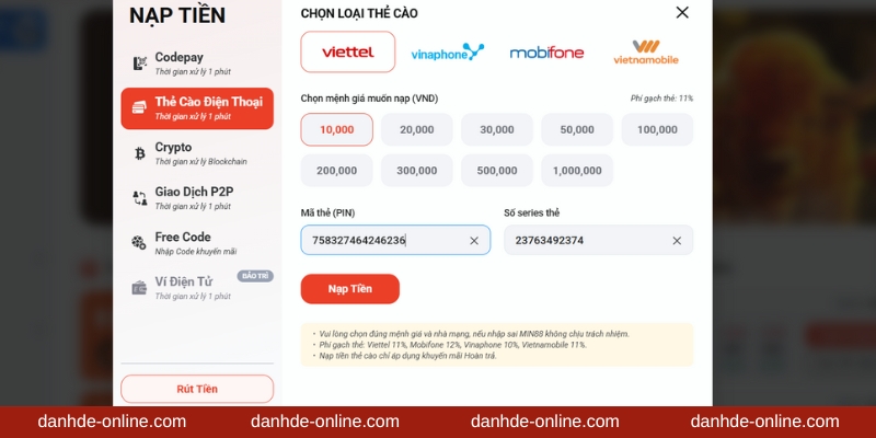 Hướng Dẫn Nạp Tiền Lô Đề 6 Điền thông tin thẻ cào